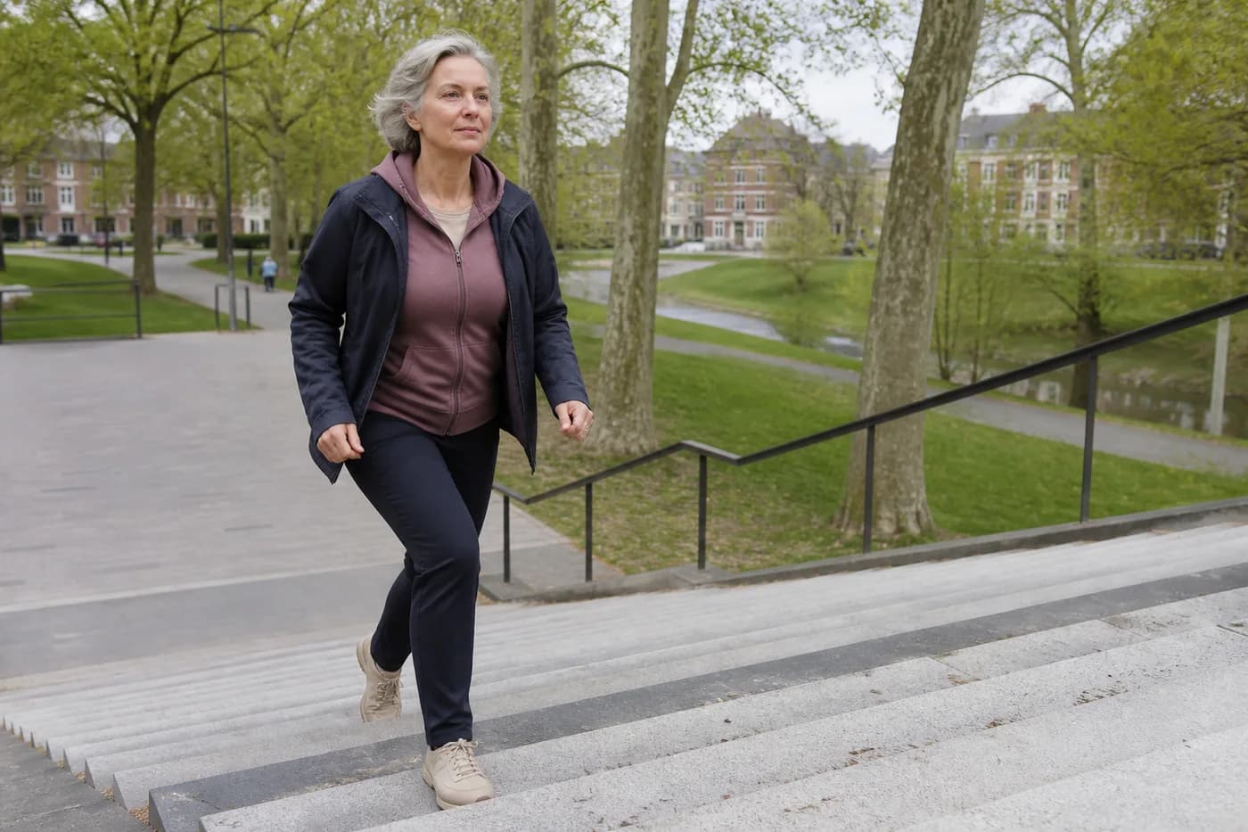 Een vrouw bouwt met een stevige wandeling haar dagelijkse beweging op