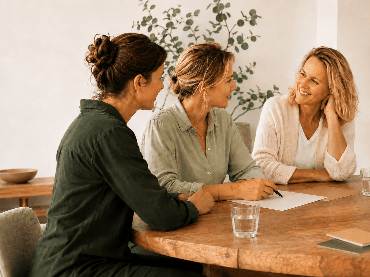 Een leefstijlcoach overlegt aan tafel met twee zorgprofessionals